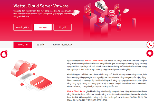 Dịch vụ Cloud Server tại Viettel IDC được triển khai trên hạ tầng kỹ thuật đạt hàng loạt các chuẩn quốc tế ISO