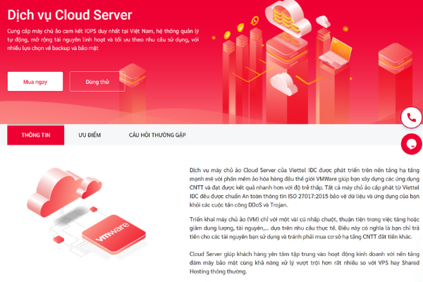 Giao diện trang dịch vụ máy chủ ảo Cloud Server tại Viettel IDC
