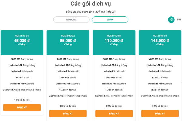 Bảng giá Hosting cho dịch vụ Web Hosting tại Viettel IDC