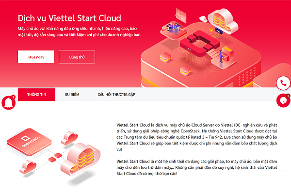 Giao diện trang dịch vụ máy chủ ảo Viettel Start Cloud tại Viettel IDC