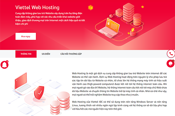  Giao diện trang dịch vụ Web Hosting tại Viettel IDC