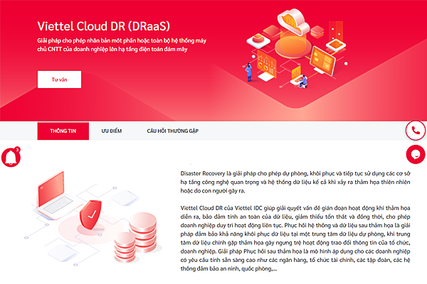 Giao diện trang dịch vụ Cloud DR (DRaaS) tại Viettel IDC 