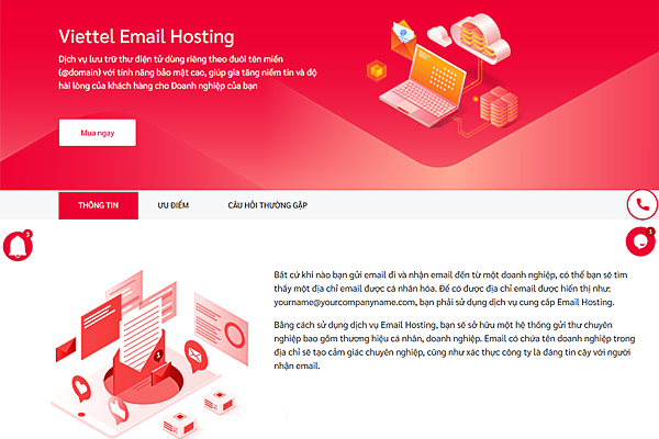 Giao diện trang dịch vụ Viettel Email Hosting tại Viettel IDC