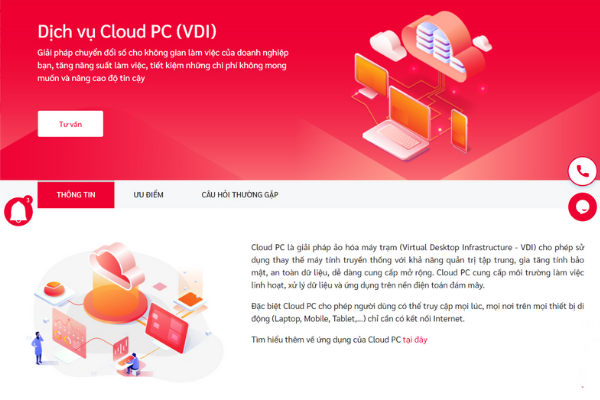 Giao diện trang dịch vụ Cloud PC tại Viettel IDC