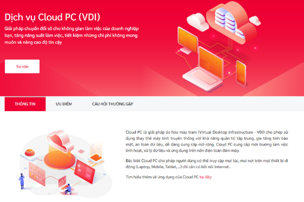 Giao diện trang dịch vụ Cloud PC tại Viettel IDC