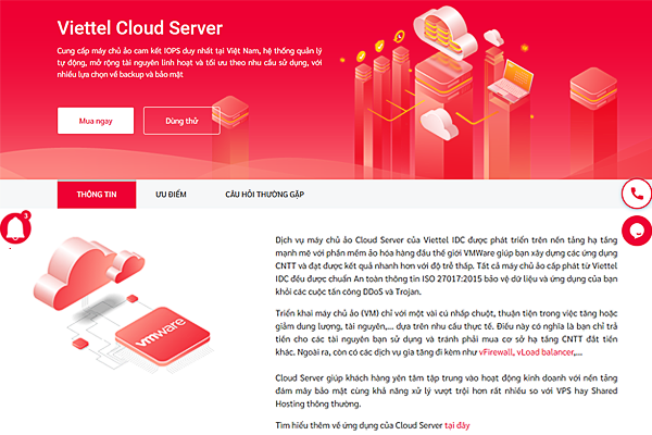 Giao diện trang dịch vụ Cloud VPS (Cloud Server) tại Viettel IDC
