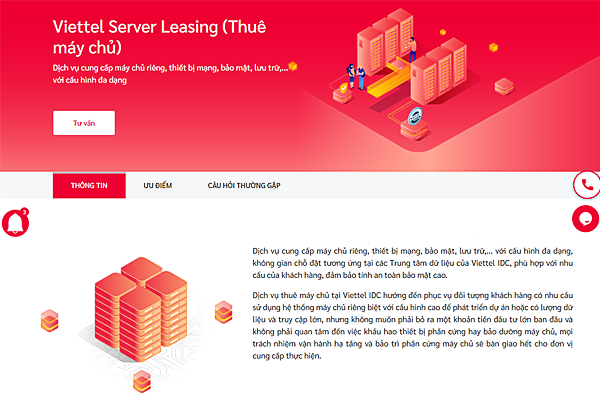 Giao diện trang dịch vụ Viettel Server Leasing tại Viettel IDC