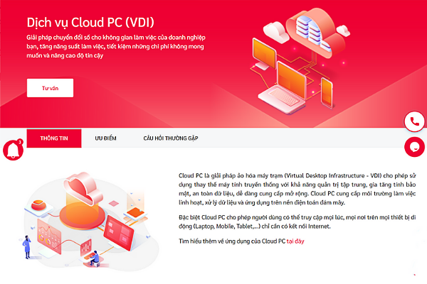 Giao diện trang dịch vụ máy tính để bàn ảo Cloud PC tại Viettel IDC