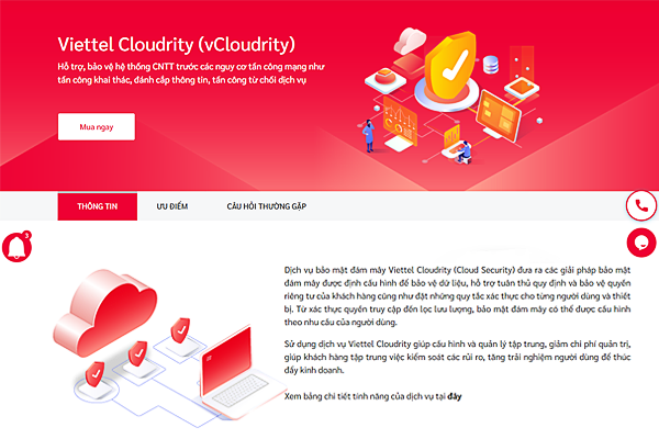 Giao diện trang dịch vụ bảo mật đám mây Cloud Security tại Viettel IDC