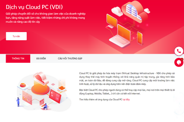 Giao diện dịch vụ Cloud PC Viettel tại Viettel IDC