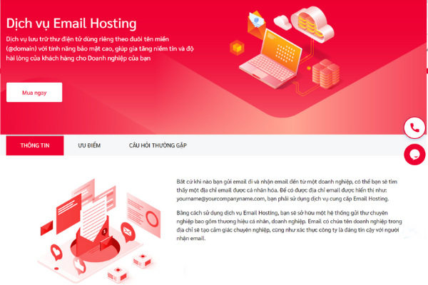 Giao diện trang dịch vụ Mail Server riêng biệt tại Viettel IDC
