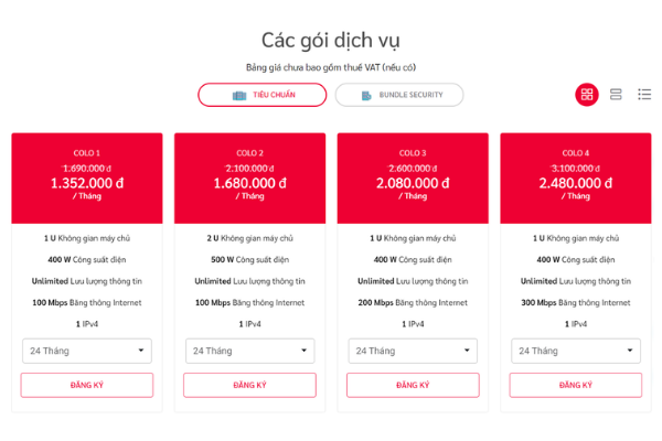 Bảng giá một số gói dịch vụ cho thuê chỗ đặt thiết bị máy chủ tại Viettel IDC