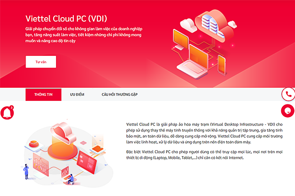 Giao diện trang dịch vụ cho thuê máy tính ảo (Cloud PC) tại Viettel IDC