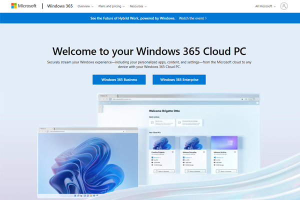 Giao diện trang dịch vụ cho thuê máy tính ảo - Windows 365 Cloud PC tại Microsoft