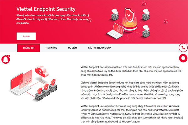 Giao diện trang dịch vụ Viettel Endpoint Security tại Viettel IDC
