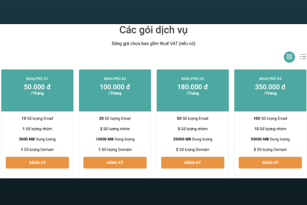 Bảng giá một số gói dịch vụ Host mail tại Viettel IDC