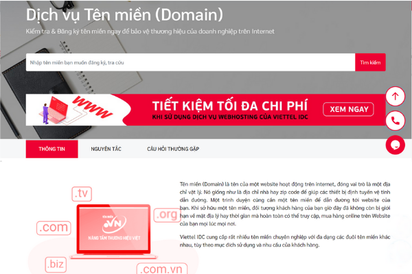 Giao diện dịch vụ Viettel Domain tại Viettel IDC