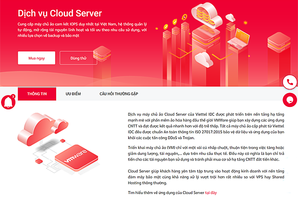  Giao diện trang dịch vụ máy chủ ảo Cloud Server tại Viettel IDC