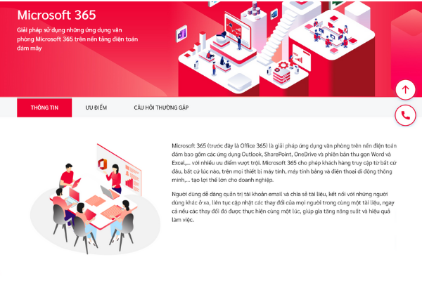 Giao diện trang dịch vụ Microsoft 365 tại Viettel IDC