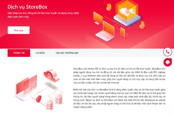 Giao diện trang dịch vụ StoreBox tại Viettel IDC