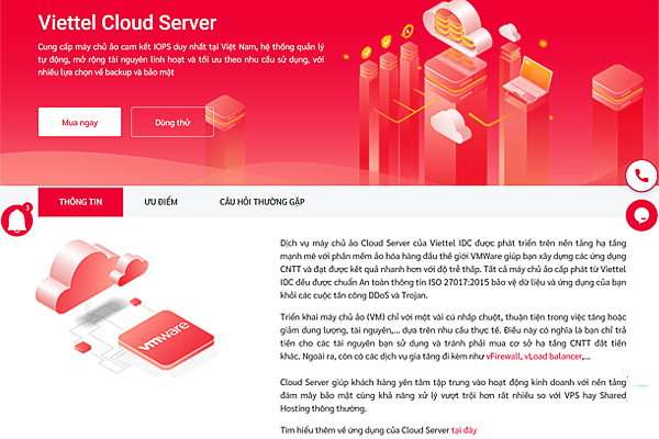 Giao diện trang dịch vụ Cloud Server đạt tiêu chuẩn ISO 27017:2015 tại Viettel IDC