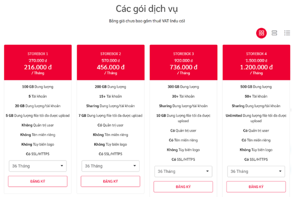 Cập nhật bảng giá một số gói dịch vụ Viettel StoreBox tại Viettel IDC