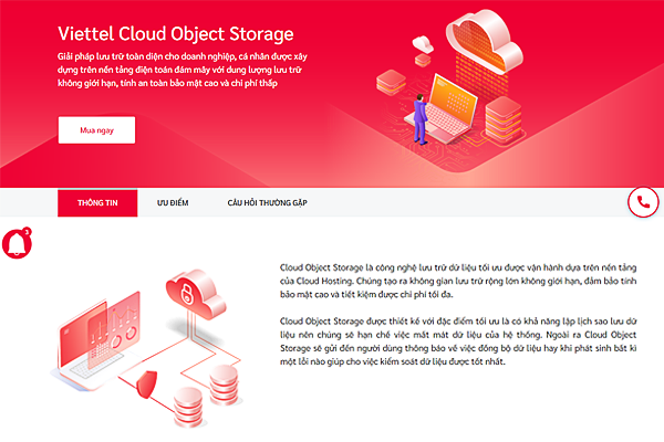 Giao diện trang dịch vụ lưu trữ dữ liệu Cloud Storage tại Viettel IDC