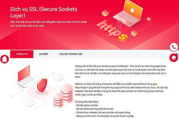 Giao diện trang dịch vụ thuê chứng chỉ bảo mật SSL tại Viettel IDC