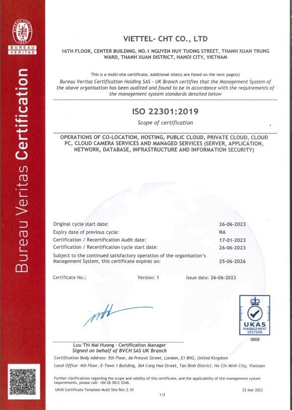 Viettel IDC là một trong số ít những nhà cung cấp đạt chứng chỉ ISO 22301:2019